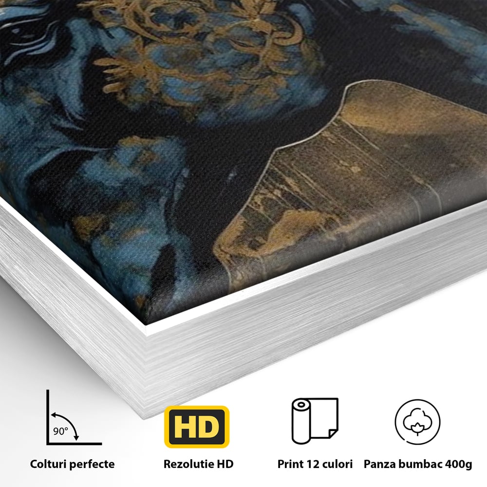 Detaliu al suprafetei: tablou canvas cu profil de cal, in rama de aluminiu argintiu